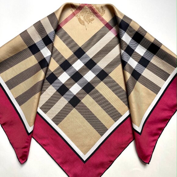 NWT Burberry Scarf Classic Beige Check Pattern Red Border Silk Scarf Wrap - Picture 13 of 13